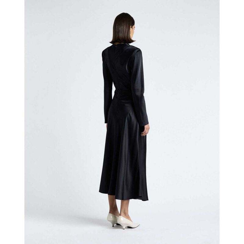 Cue Dark Ink Matte Satin Viscose Gathered Midi Dress image number 1